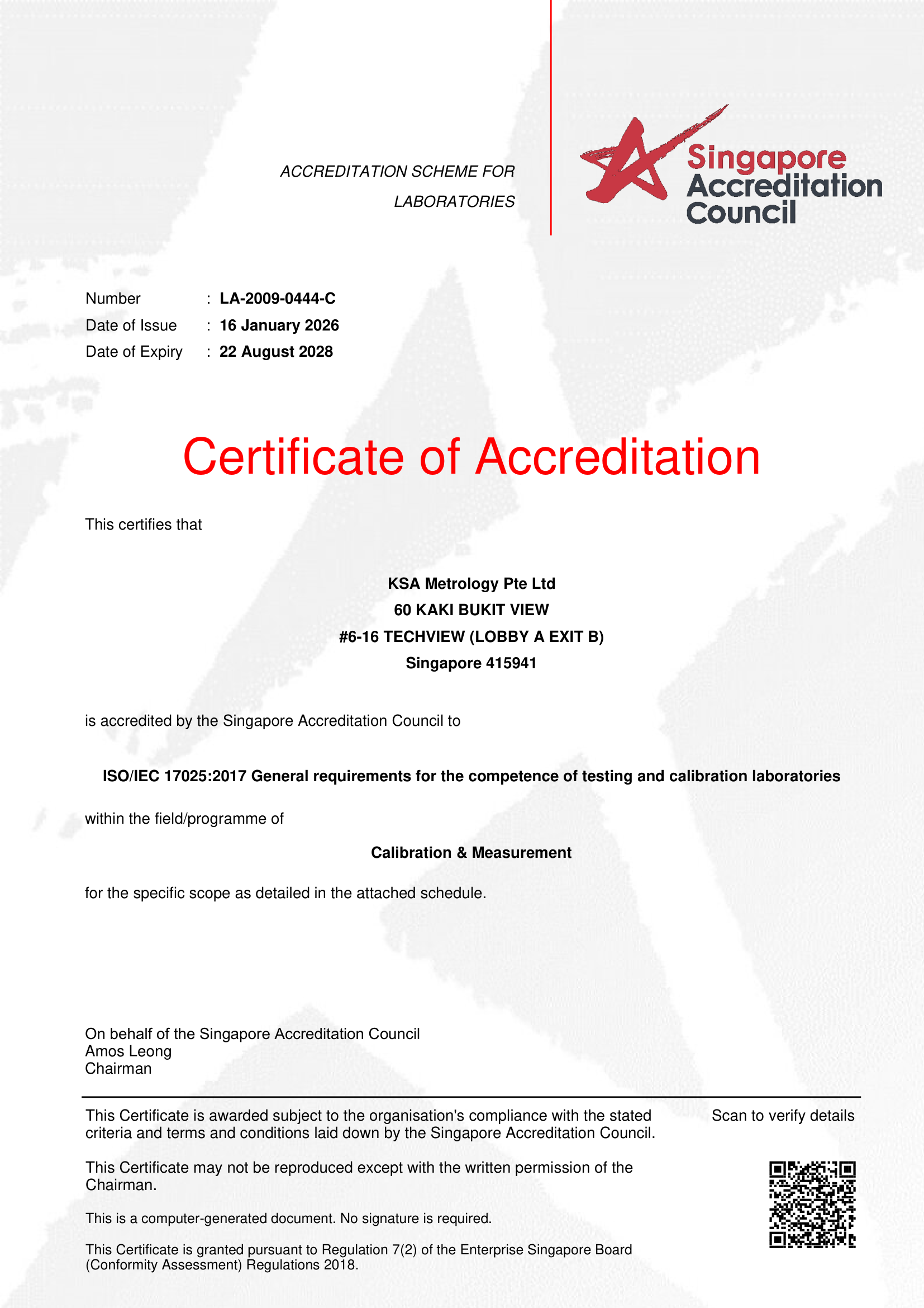 SAC-SINGLAS Certificate of Accreditation LA-2009-0444-C — ISO/IEC 17025:2017, Calibration & Measurement